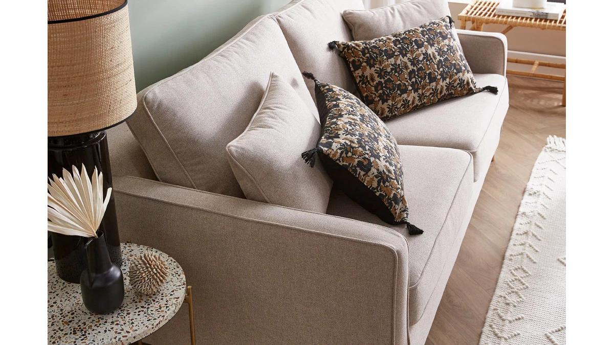 Canapé Convertible Scandinave 3 Places En Tissu Beige Et Bois Clair Avec Matelas 10 Cm PAPEL 11 Canapé Convertible Scandinave 3 Places En Tissu Beige Et Bois Clair Avec Matelas 10 Cm PAPEL – Image 9