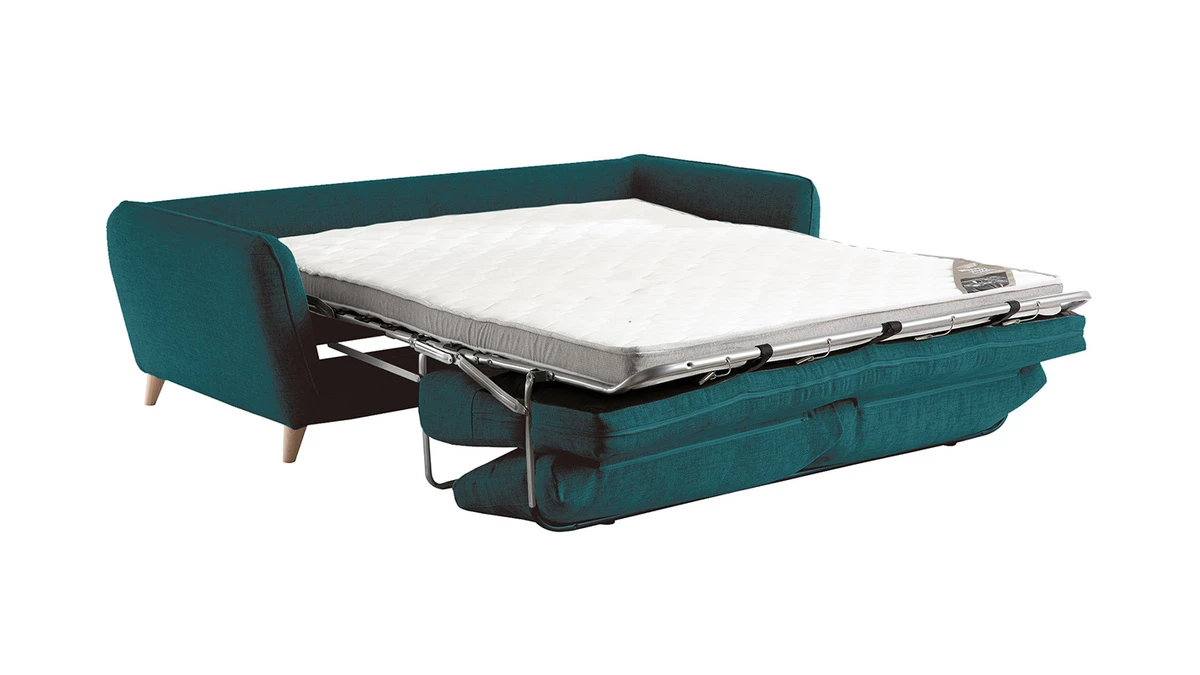 Canapé Convertible Scandinave 3 Places En Tissu Bleu Paon Et Bois Clair Avec Matelas 10 Cm CREEP 5 Canapé Convertible Scandinave 3 Places En Tissu Bleu Paon Et Bois Clair Avec Matelas 10 Cm CREEP – Image 3