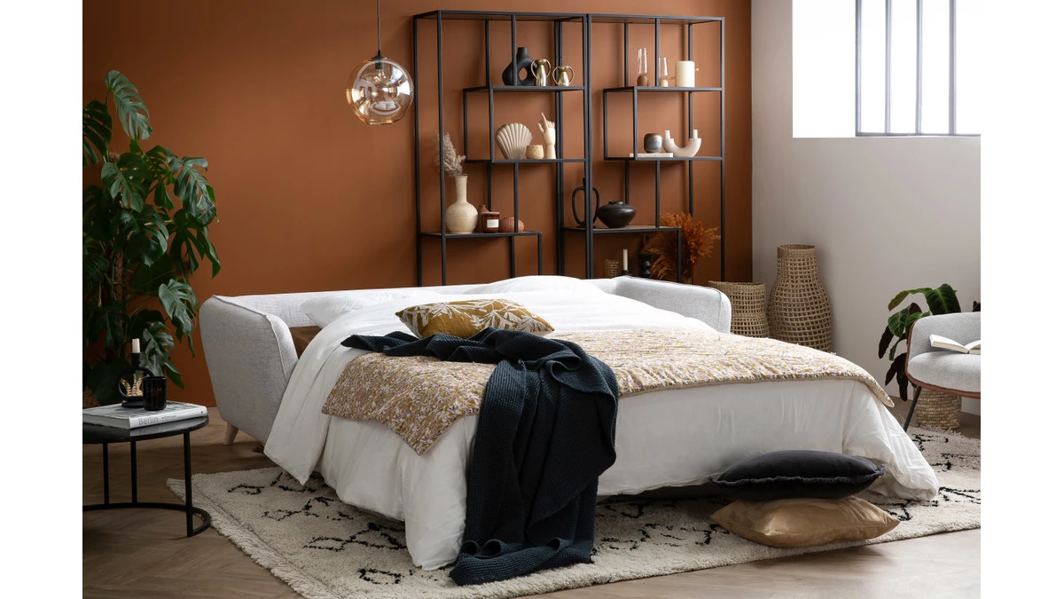 Canapé Convertible Scandinave 3 Places En Tissu Gris Chiné Et Bois Clair Avec Matelas 10 Cm CREEP 10 Canapé Convertible Scandinave 3 Places En Tissu Gris Chiné Et Bois Clair Avec Matelas 10 Cm CREEP – Image 8