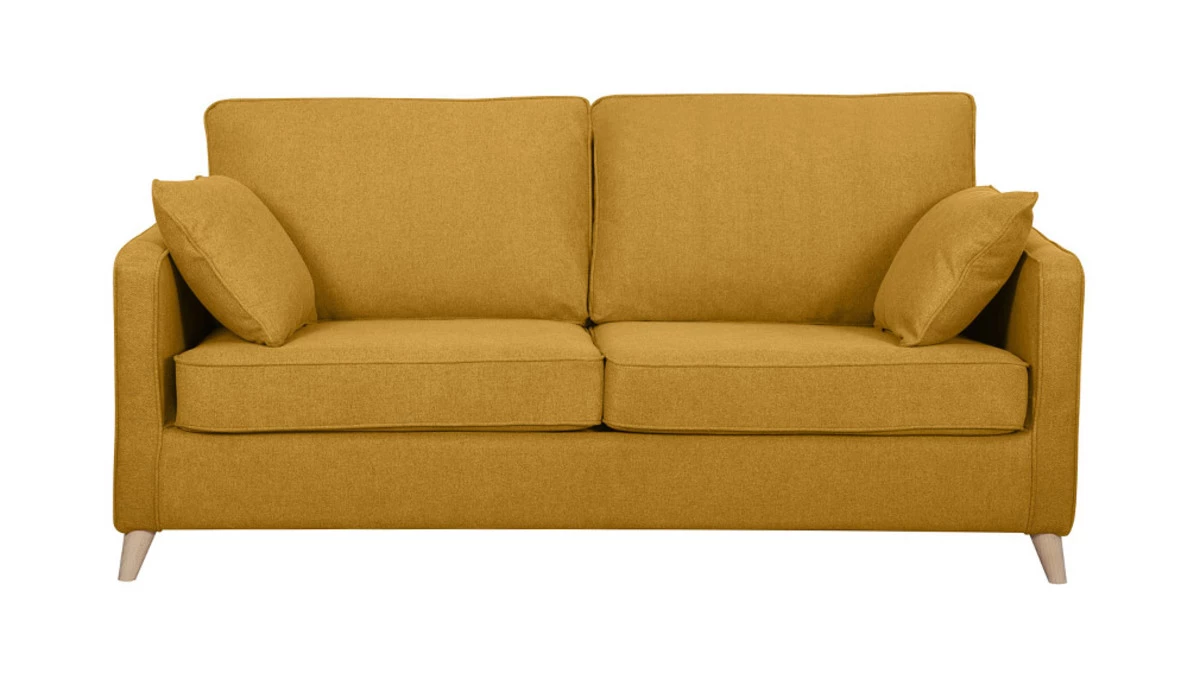Canapé Convertible Scandinave 3 Places En Tissu Jaune Cumin Et Bois Clair Avec Matelas 10 Cm PAPEL 3 Canapé Convertible Scandinave 3 Places En Tissu Jaune Cumin Et Bois Clair Avec Matelas 10 Cm PAPEL