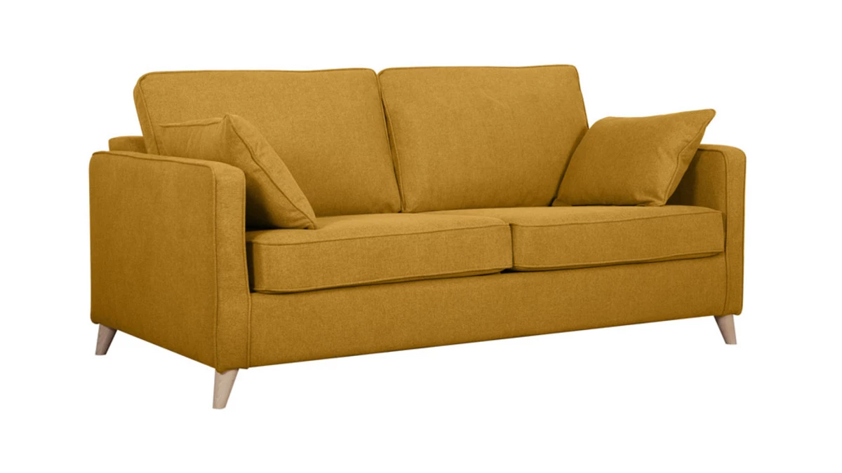 Canapé Convertible Scandinave 3 Places En Tissu Jaune Cumin Et Bois Clair Avec Matelas 10 Cm PAPEL 4 Canapé Convertible Scandinave 3 Places En Tissu Jaune Cumin Et Bois Clair Avec Matelas 10 Cm PAPEL – Image 2