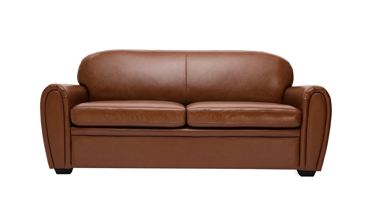 Canapé Convertible Vintage 3 Places Cuir Marron Et Bois Noir Avec Matelas 9 Cm CLUB 3 Canapé Convertible Vintage 3 Places Cuir Marron Et Bois Noir Avec Matelas 9 Cm CLUB