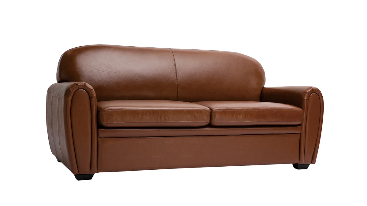 Canapé Convertible Vintage 3 Places Cuir Marron Et Bois Noir Avec Matelas 9 Cm CLUB 4 Canapé Convertible Vintage 3 Places Cuir Marron Et Bois Noir Avec Matelas 9 Cm CLUB – Image 2