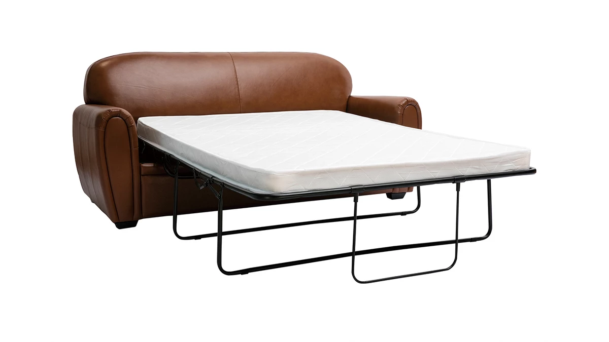Canapé Convertible Vintage 3 Places Cuir Marron Et Bois Noir Avec Matelas 9 Cm CLUB 5 Canapé Convertible Vintage 3 Places Cuir Marron Et Bois Noir Avec Matelas 9 Cm CLUB – Image 3
