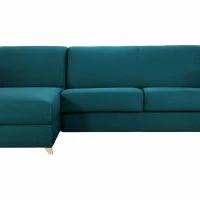 Boutique Miliboo 18 Canapé D'angle Convertible Réversible Avec Coffre 4 Places En Tissu Bleu Canard Et Bois Clair GRAHAM