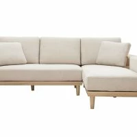 Canapé D'angle Droit 5 Places Avec Rangements En Tissu Effet Velours Texturé Beige Et Bois Clair KOMAO