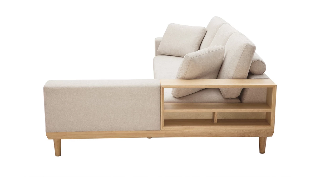 Canapé D'angle Droit 5 Places Avec Rangements En Tissu Effet Velours Texturé Beige Et Bois Clair KOMAO 5 Canapé D'angle Droit 5 Places Avec Rangements En Tissu Effet Velours Texturé Beige Et Bois Clair KOMAO – Image 3