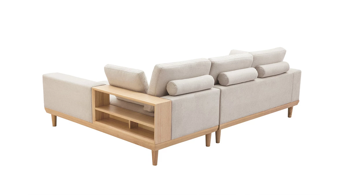 Canapé D'angle Droit 5 Places Avec Rangements En Tissu Effet Velours Texturé Beige Et Bois Clair KOMAO 7 Canapé D'angle Droit 5 Places Avec Rangements En Tissu Effet Velours Texturé Beige Et Bois Clair KOMAO – Image 5