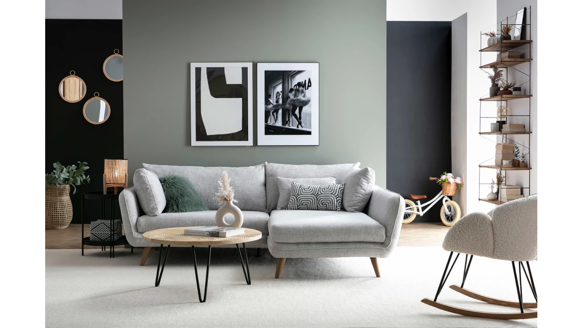 Canapé D'angle Droit Scandinave 3-4 Places En Tissu Gris Clair Chiné Et Bois Clair CREEP 7 Canapé D'angle Droit Scandinave 3-4 Places En Tissu Gris Clair Chiné Et Bois Clair CREEP – Image 5