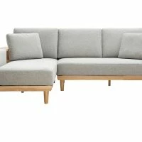 Canapé D'angle Gauche 5 Places Avec Rangements En Tissu Effet Velours Texturé Gris Clair Et Bois Clair KOMAO