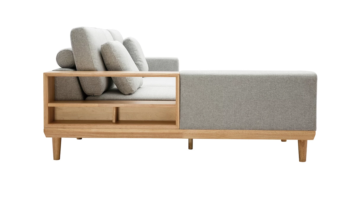 Canapé D'angle Gauche 5 Places Avec Rangements En Tissu Effet Velours Texturé Gris Clair Et Bois Clair KOMAO 5 Canapé D'angle Gauche 5 Places Avec Rangements En Tissu Effet Velours Texturé Gris Clair Et Bois Clair KOMAO – Image 3