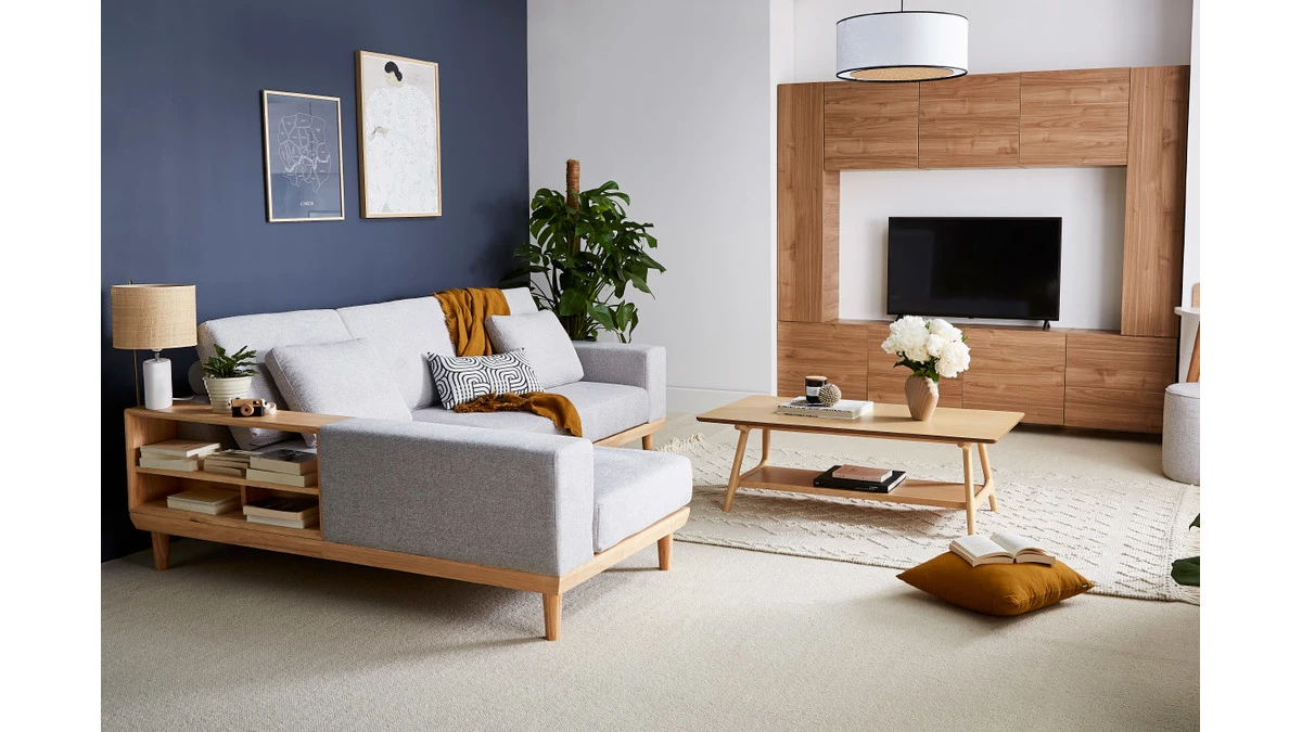 Canapé D'angle Gauche 5 Places Avec Rangements En Tissu Effet Velours Texturé Gris Clair Et Bois Clair KOMAO 8 Canapé D'angle Gauche 5 Places Avec Rangements En Tissu Effet Velours Texturé Gris Clair Et Bois Clair KOMAO – Image 6