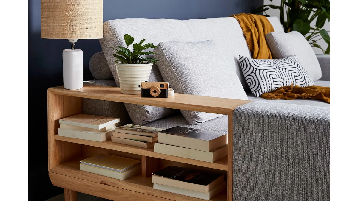 Canapé D'angle Gauche 5 Places Avec Rangements En Tissu Effet Velours Texturé Gris Clair Et Bois Clair KOMAO 9 Canapé D'angle Gauche 5 Places Avec Rangements En Tissu Effet Velours Texturé Gris Clair Et Bois Clair KOMAO – Image 7