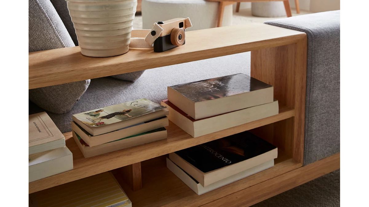 Canapé D'angle Gauche 5 Places Avec Rangements En Tissu Effet Velours Texturé Gris Clair Et Bois Clair KOMAO 10 Canapé D'angle Gauche 5 Places Avec Rangements En Tissu Effet Velours Texturé Gris Clair Et Bois Clair KOMAO – Image 8