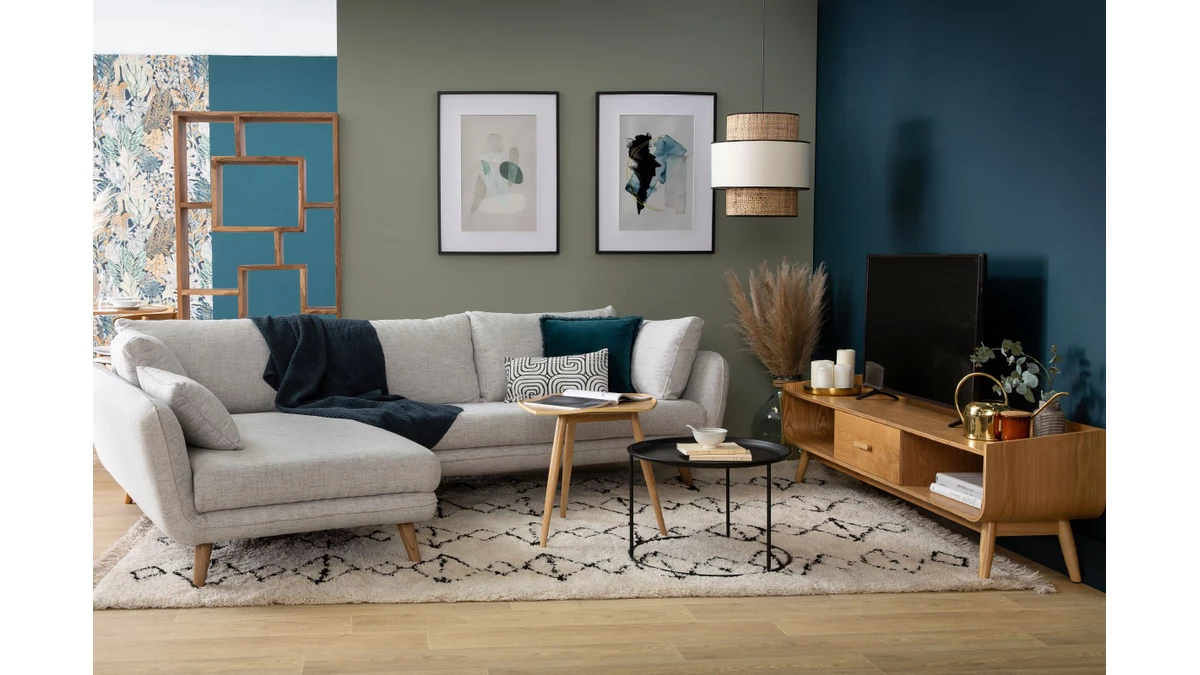 Canapé D'angle Gauche Scandinave 5 Places En Tissu Bleu Paon Et Bois Clair CREEP 7 Canapé D'angle Gauche Scandinave 5 Places En Tissu Bleu Paon Et Bois Clair CREEP – Image 5