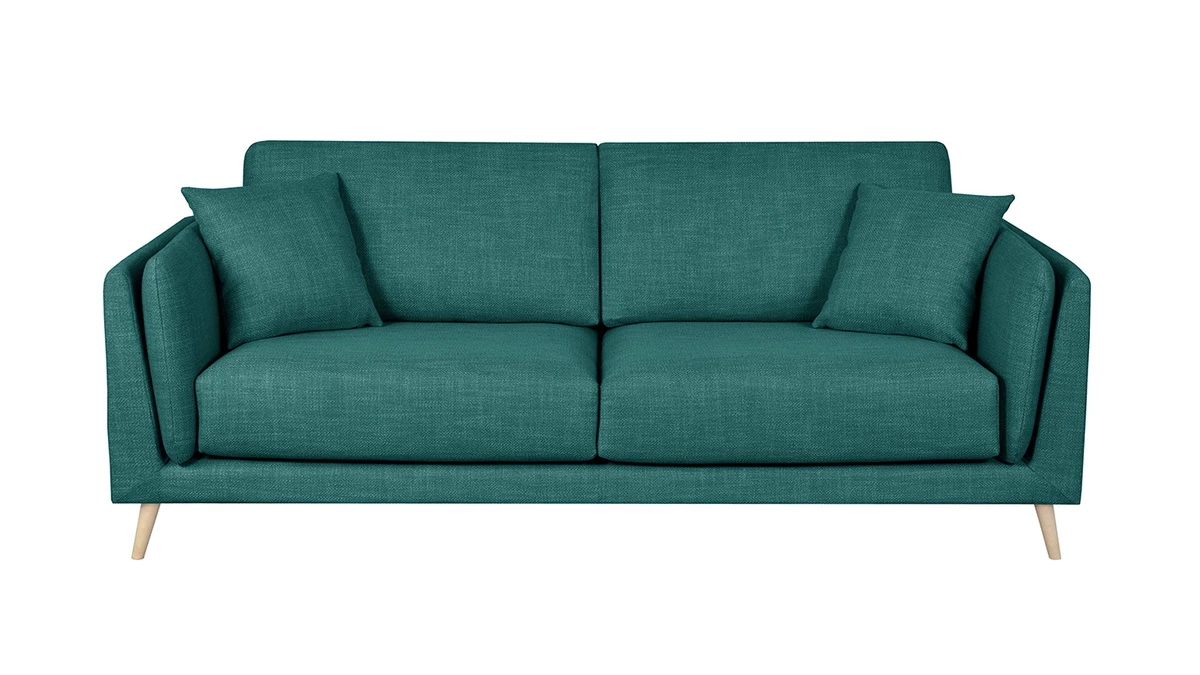 Canapé Scandinave 3 Places En Tissu Bleu Paon Et Bois Clair VOGUE 3 Canapé Scandinave 3 Places En Tissu Bleu Paon Et Bois Clair VOGUE