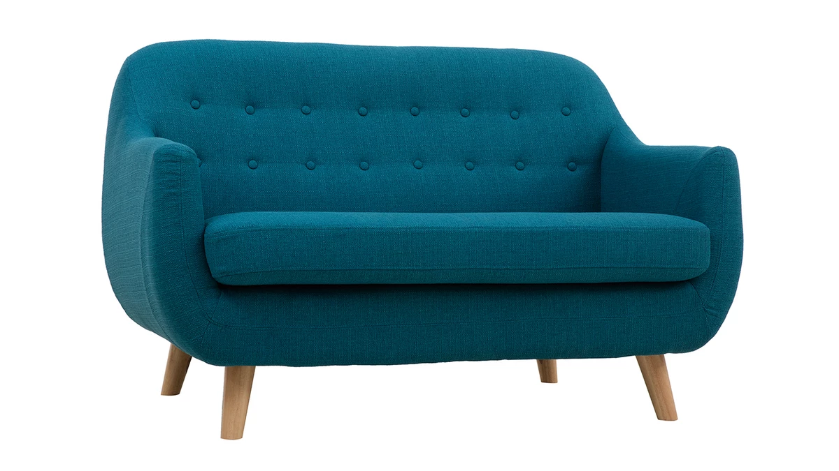 Canapé Scandinave Déhoussable 2 Places En Tissu Bleu Canard Et Bois Clair YNOK 4 Canapé Scandinave Déhoussable 2 Places En Tissu Bleu Canard Et Bois Clair YNOK – Image 2