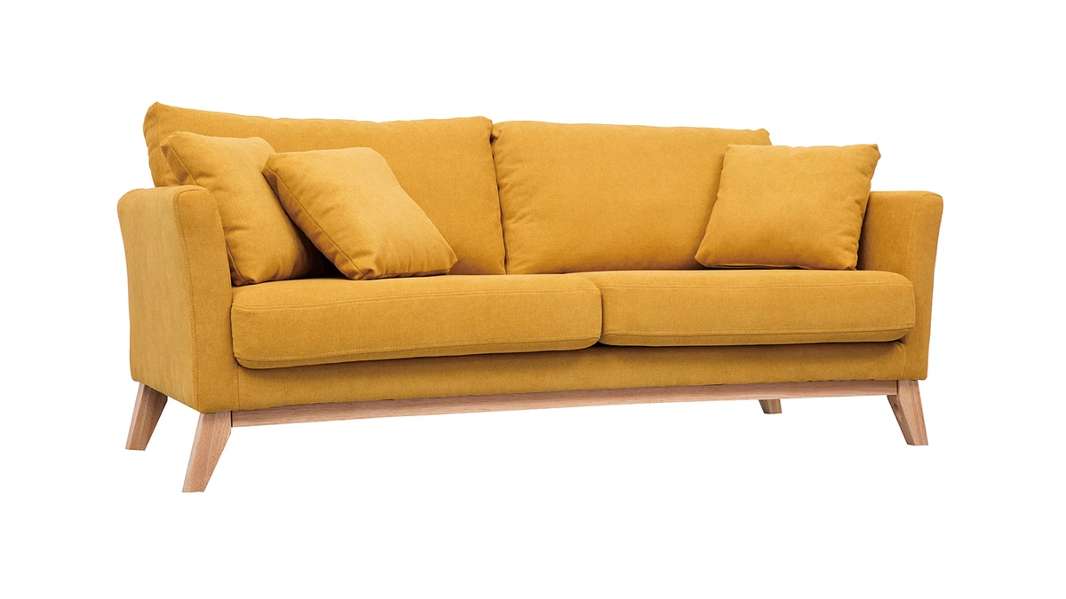 Canapé Scandinave Déhoussable 3 Places En Tissu Effet Velours Jaune Moutarde Et Bois Clair OSLO 4 Canapé Scandinave Déhoussable 3 Places En Tissu Effet Velours Jaune Moutarde Et Bois Clair OSLO – Image 2
