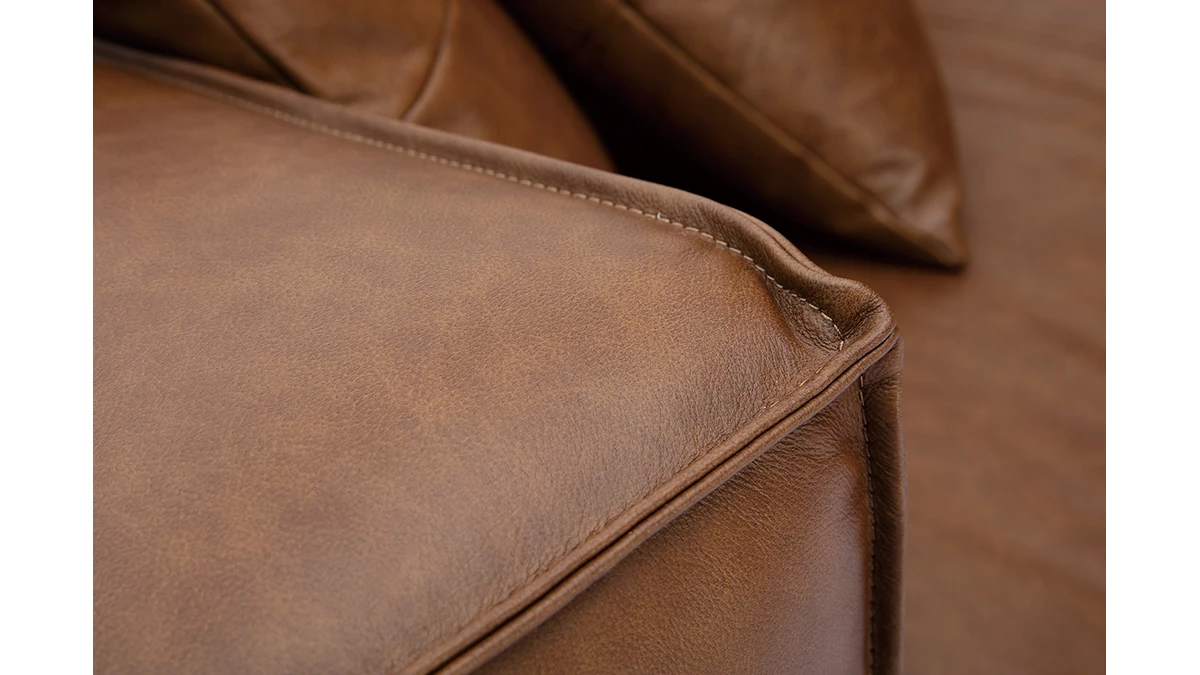 Canapé Vintage 3 Places Cuir Marron Et Bois Noir COBAIN 7 Canapé Vintage 3 Places Cuir Marron Et Bois Noir COBAIN – Image 5