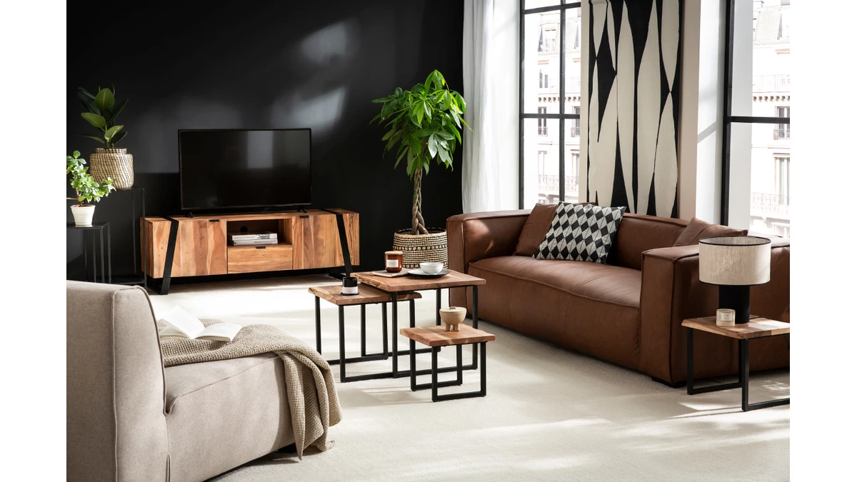 Canapé Vintage 3 Places Cuir Marron Et Bois Noir COBAIN 8 Canapé Vintage 3 Places Cuir Marron Et Bois Noir COBAIN – Image 6