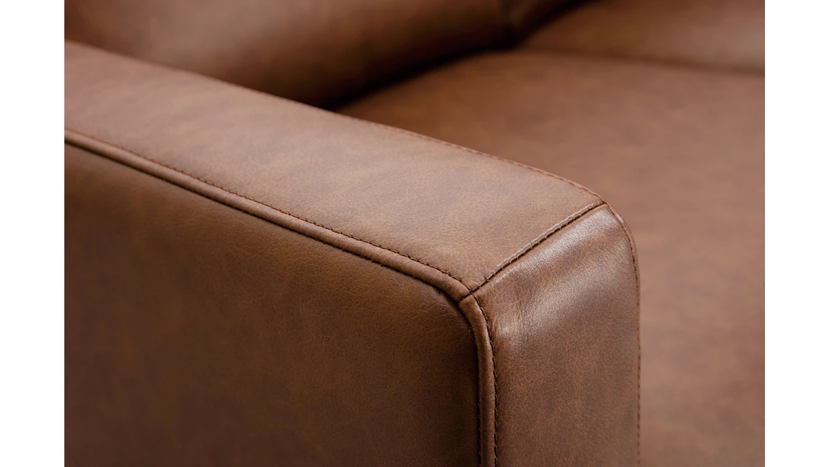 Canapé Vintage 3 Places Cuir Marron Et Bois Noir OXMO 5 Canapé Vintage 3 Places Cuir Marron Et Bois Noir OXMO – Image 3