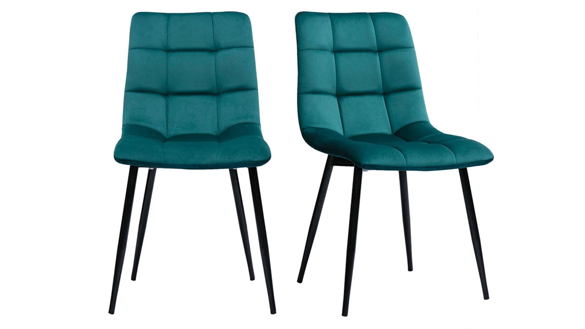 Chaises Design En Tissu Velours Bleu Canard Et Métal Noir (lot De 2) MAXWELL 3 Chaises Design En Tissu Velours Bleu Canard Et Métal Noir (lot De 2) MAXWELL