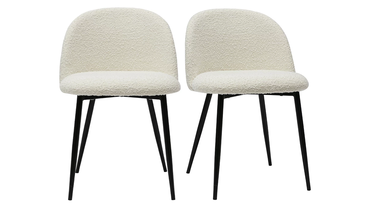 Chaises En Tissu Effet Laine Bouclée écru Et Métal Noir (lot De 2) CELESTE 3 Chaises En Tissu Effet Laine Bouclée écru Et Métal Noir (lot De 2) CELESTE
