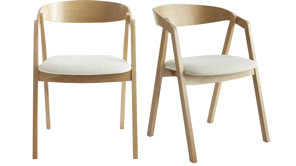 Chaises Scandinaves En Bois Clair Chêne Massif Et Tissu Effet Laine Bouclée écru (lot De 2) LOVA 3 Chaises Scandinaves En Bois Clair Chêne Massif Et Tissu Effet Laine Bouclée écru (lot De 2) LOVA