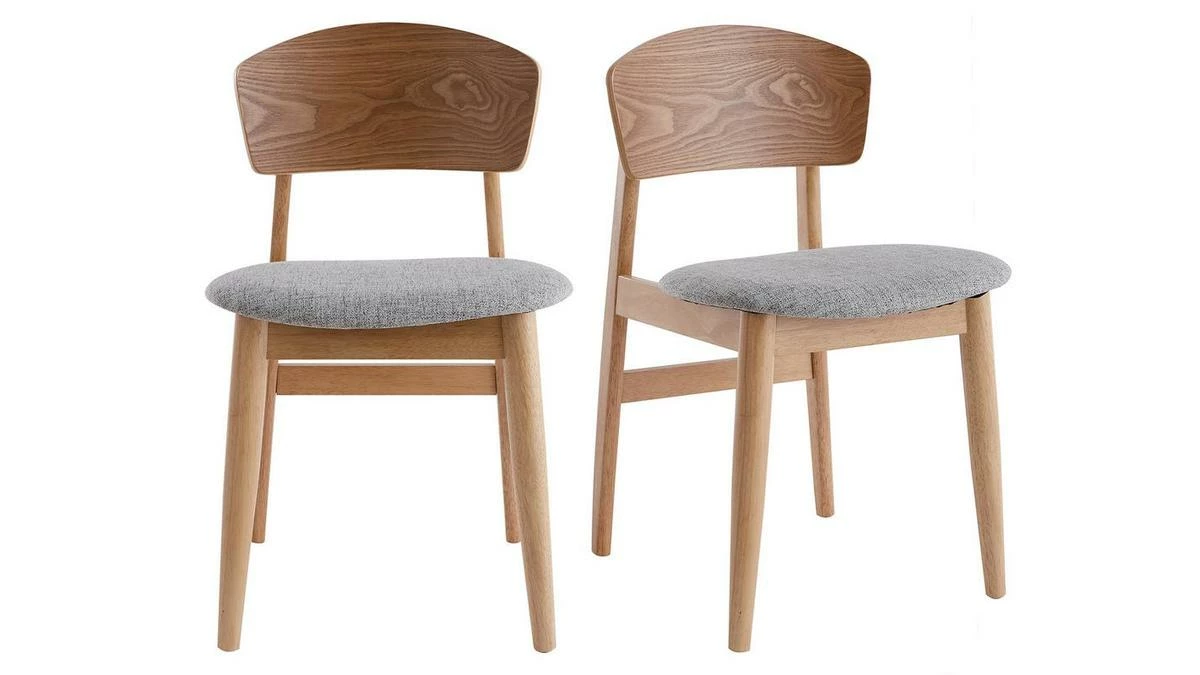 Chaises Scandinaves En Bois Clair Et Tissu Gris Clair (lot De 2) ELION 3 Chaises Scandinaves En Bois Clair Et Tissu Gris Clair (lot De 2) ELION