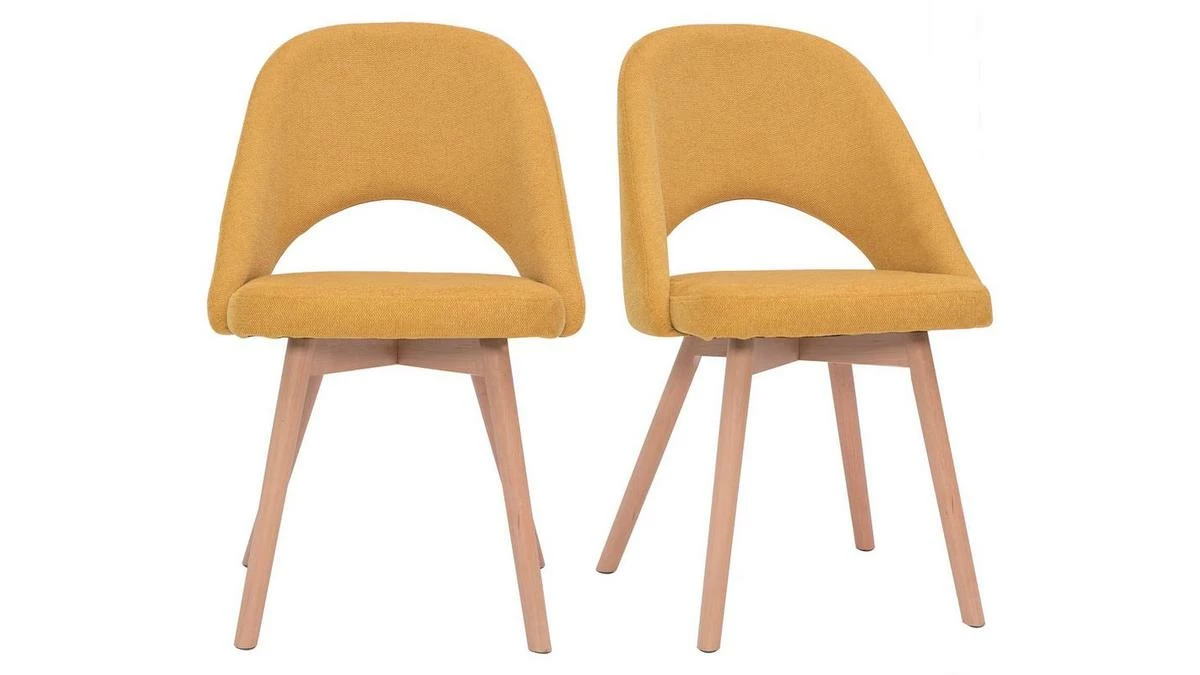 Chaises Scandinaves En Tissu Effet Velours Texturé Jaune Moutarde Et Bois Clair Massif (lot De 2) COSETTE 3 Chaises Scandinaves En Tissu Effet Velours Texturé Jaune Moutarde Et Bois Clair Massif (lot De 2) COSETTE