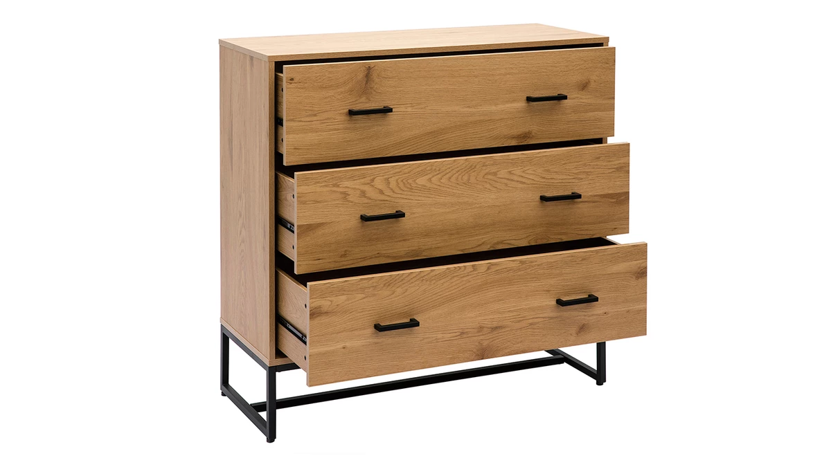 Commode 3 Tiroirs Finition Bois Clair Chêne Et Métal Noir L100 Cm LOVATO 4 Commode 3 Tiroirs Finition Bois Clair Chêne Et Métal Noir L100 Cm LOVATO – Image 2