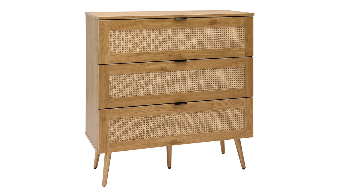 Commode En Bois Clair, Cannage De Rotin Et Métal Noir 3 Tiroirs L100 Cm MANILLE 4 Commode En Bois Clair, Cannage De Rotin Et Métal Noir 3 Tiroirs L100 Cm MANILLE – Image 2