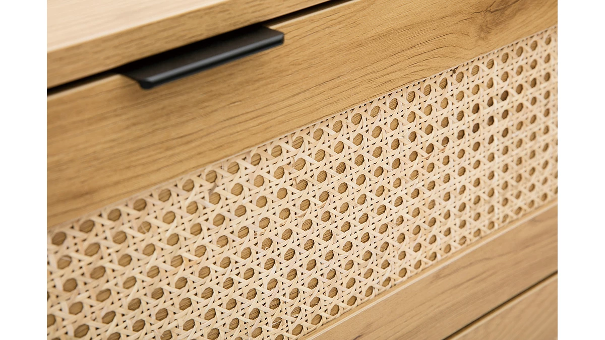 Commode En Bois Clair, Cannage De Rotin Et Métal Noir 3 Tiroirs L100 Cm MANILLE 6 Commode En Bois Clair, Cannage De Rotin Et Métal Noir 3 Tiroirs L100 Cm MANILLE – Image 4