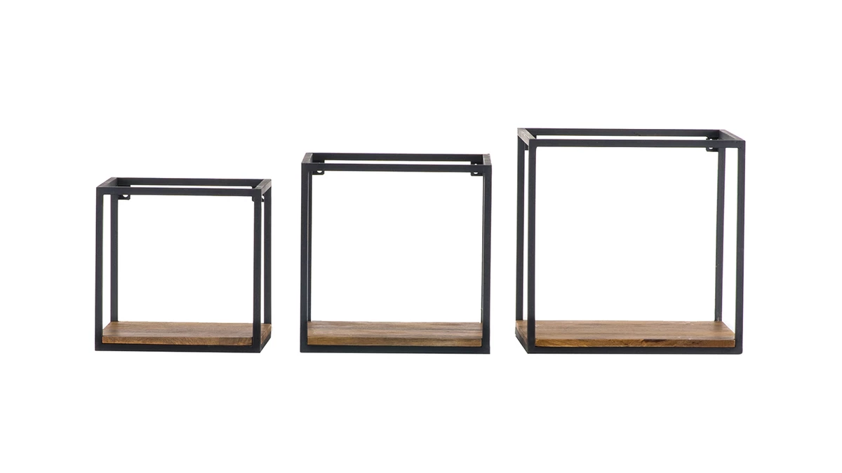 étagères Murales Carrées En Métal Noir Et Manguier Massif (lot De 3) YPSTER 3 étagères Murales Carrées En Métal Noir Et Manguier Massif (lot De 3) YPSTER