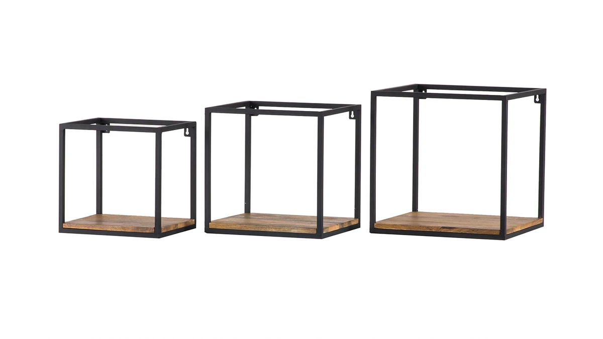 étagères Murales Carrées En Métal Noir Et Manguier Massif (lot De 3) YPSTER 4 étagères Murales Carrées En Métal Noir Et Manguier Massif (lot De 3) YPSTER – Image 2