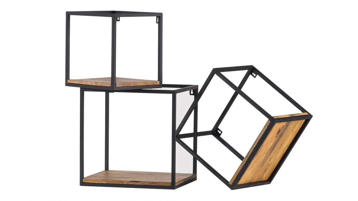 étagères Murales Carrées En Métal Noir Et Manguier Massif (lot De 3) YPSTER 5 étagères Murales Carrées En Métal Noir Et Manguier Massif (lot De 3) YPSTER – Image 3