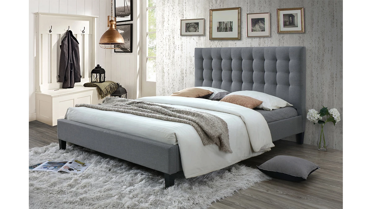 Lit 2 Places 160x200 Capitonné En Tissu Gris Clair DANAE 7 Lit 2 Places 160x200 Capitonné En Tissu Gris Clair DANAE – Image 5