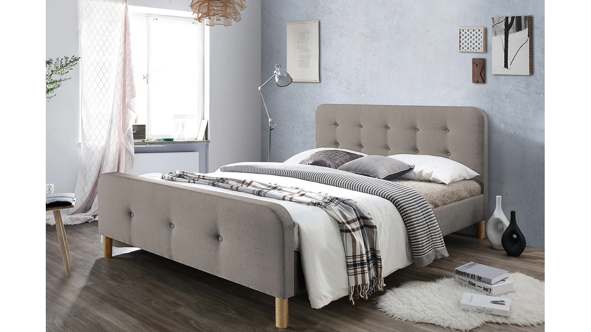 Lit 2 Places 160x200cm En Tissu Beige Capitonné HOLSEN 7 Lit 2 Places 160x200cm En Tissu Beige Capitonné HOLSEN – Image 5