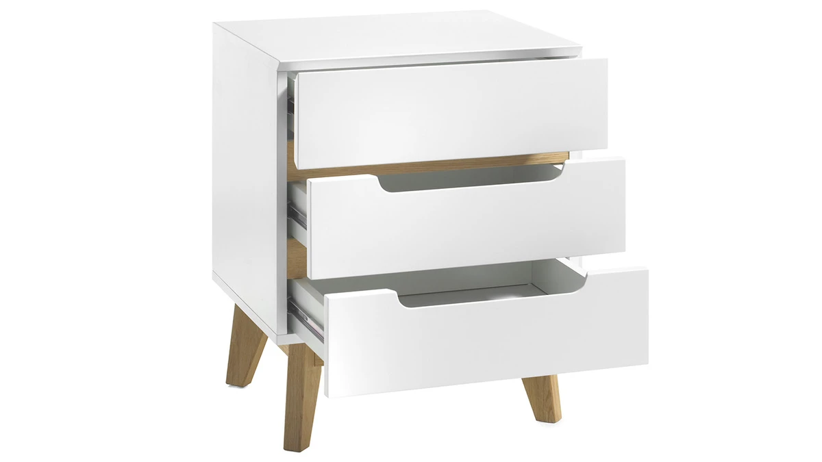 Table De Chevet 3 Tiroirs Blanc Mat Et Bois SKIVE 5 Table De Chevet 3 Tiroirs Blanc Mat Et Bois SKIVE – Image 3
