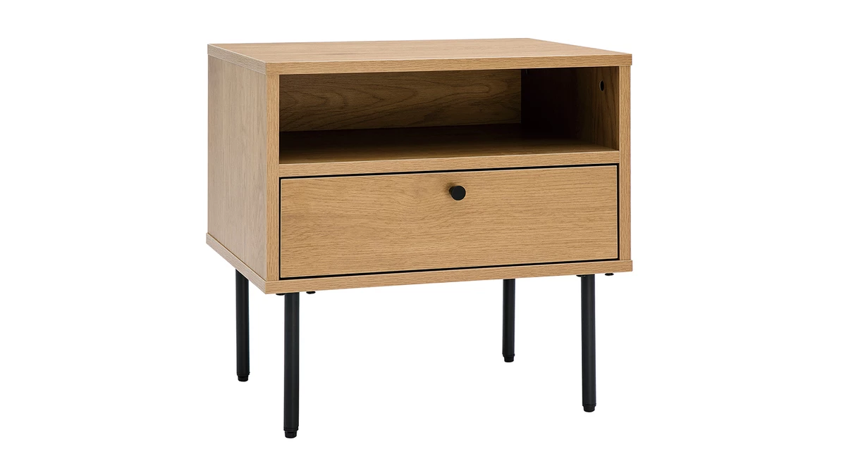 Table De Chevet Finition Bois Clair Chêne Et Pieds Métal Noir L50 Cm PERNELLE 4 Table De Chevet Finition Bois Clair Chêne Et Pieds Métal Noir L50 Cm PERNELLE – Image 2