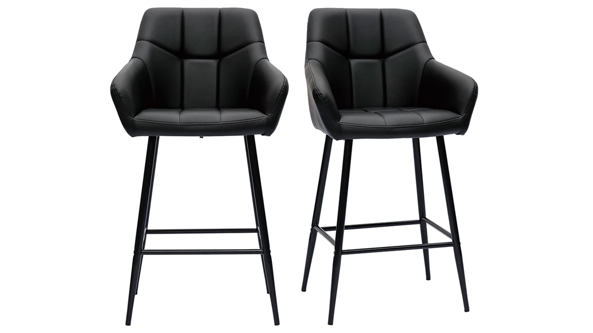Tabourets De Bar Avec Sièges Matelassés Noirs Et Métal Noir H65 Cm (lot De 2) MONTERO 3 Tabourets De Bar Avec Sièges Matelassés Noirs Et Métal Noir H65 Cm (lot De 2) MONTERO