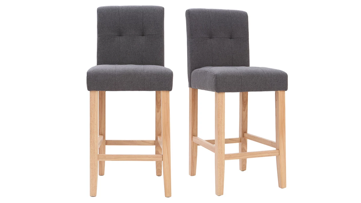 Tabourets De Bar Capitonnés Gris Foncé Et Bois H66 Cm (lot De 2) ESTER 3 Tabourets De Bar Capitonnés Gris Foncé Et Bois H66 Cm (lot De 2) ESTER