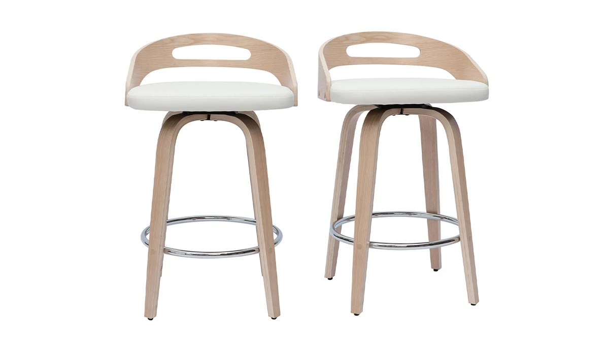 Tabourets De Bar Design Bois Clair Et Polyuréthane Blanc 65cm (lot De 2) MANO 3 Tabourets De Bar Design Bois Clair Et Polyuréthane Blanc 65cm (lot De 2) MANO