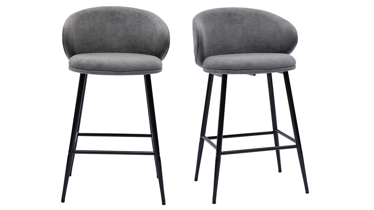 Tabourets De Bar Design En Tissu Effet Velours Gris Et Métal Noir (lot De 2) ROSALIE 3 Tabourets De Bar Design En Tissu Effet Velours Gris Et Métal Noir (lot De 2) ROSALIE