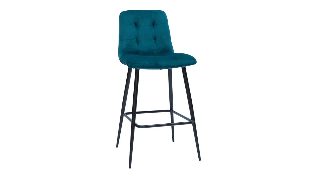 Tabourets De Bar Design En Tissu Velours Gaufré Bleu Pétrole Et Métal H65 Cm (lot De 2) ESCAPE 5 Tabourets De Bar Design En Tissu Velours Gaufré Bleu Pétrole Et Métal H65 Cm (lot De 2) ESCAPE – Image 3