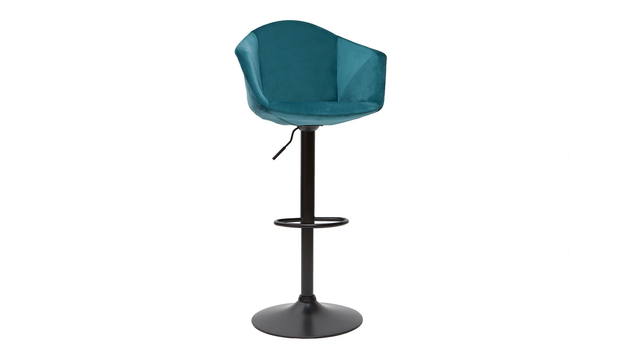 Tabourets De Bar Design Réglables Velours Bleu Pétrole (lot De 2) TAYA 5 Tabourets De Bar Design Réglables Velours Bleu Pétrole (lot De 2) TAYA – Image 3