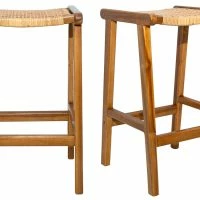 Tabourets De Bar Ethniques En Bois Teck Massif Et Cannage Rotin H65 Cm (lot De 2) GAWA