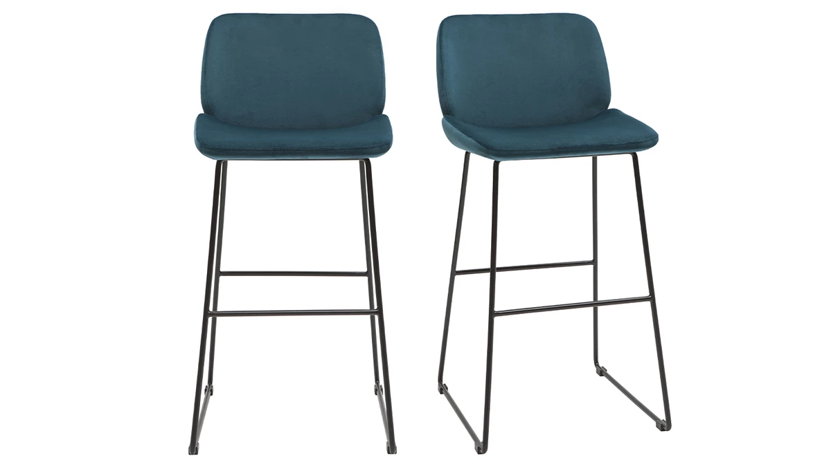 Tabourets De Bar Fixes En Tissu Velours Bleu Canard Pieds Métal Noir H65 (lot De 2) KAOLY 3 Tabourets De Bar Fixes En Tissu Velours Bleu Canard Pieds Métal Noir H65 (lot De 2) KAOLY