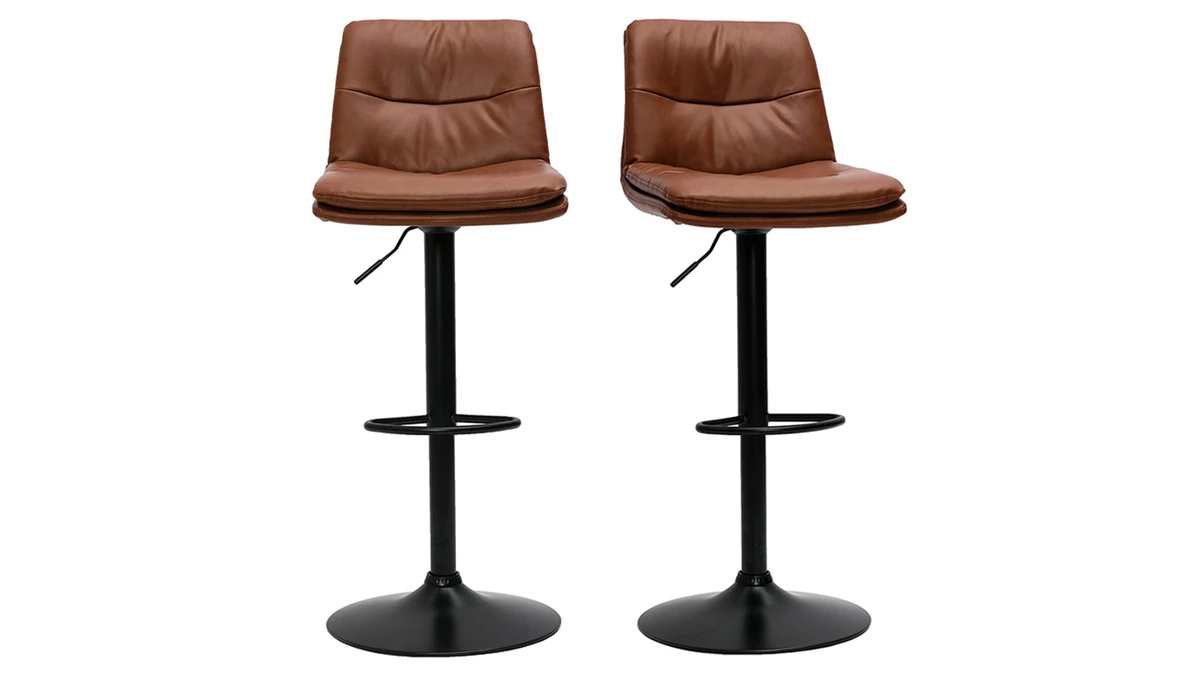 Tabourets De Bar Réglables En Polyuréthane Marron Et Métal Noir (lot De 2) ZUCK 3 Tabourets De Bar Réglables En Polyuréthane Marron Et Métal Noir (lot De 2) ZUCK