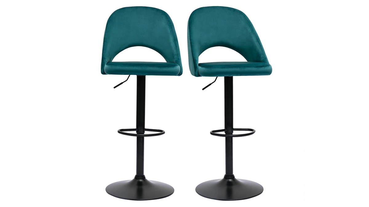 Tabourets De Bar Relevables En Velours Bleu Pétrole Et Métal Noir (lot De 2) COSETTE 3 Tabourets De Bar Relevables En Velours Bleu Pétrole Et Métal Noir (lot De 2) COSETTE